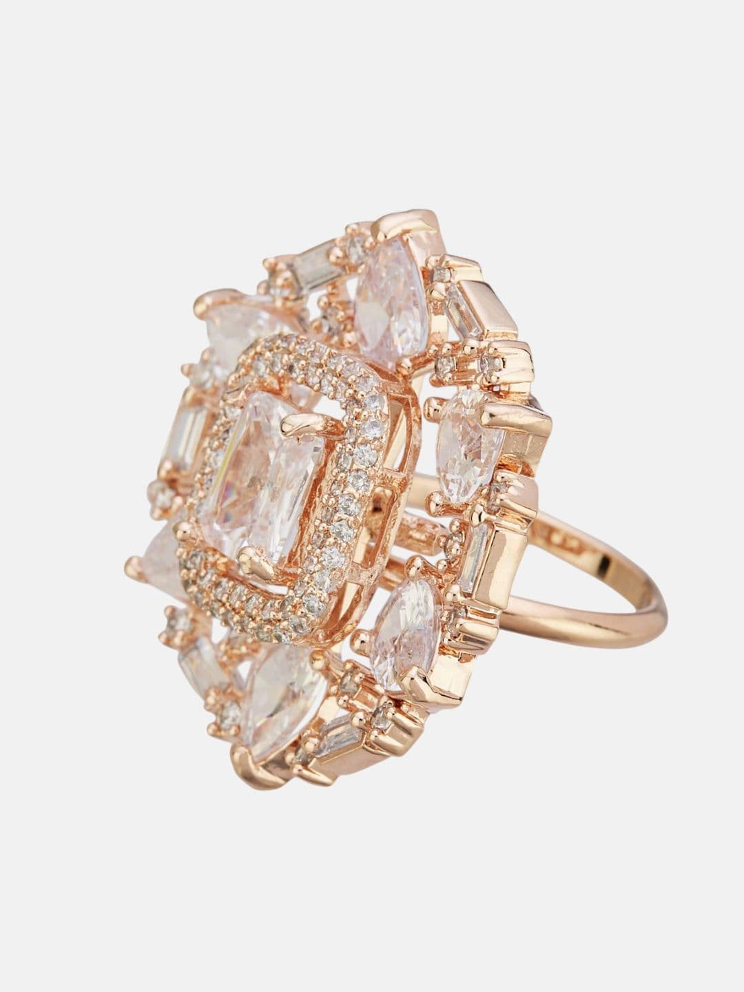 ATIBELLE Set Of 2 Rose Gold-Plated Cubic Zirconia Studded Fusion Finger Ring thumbnail 4