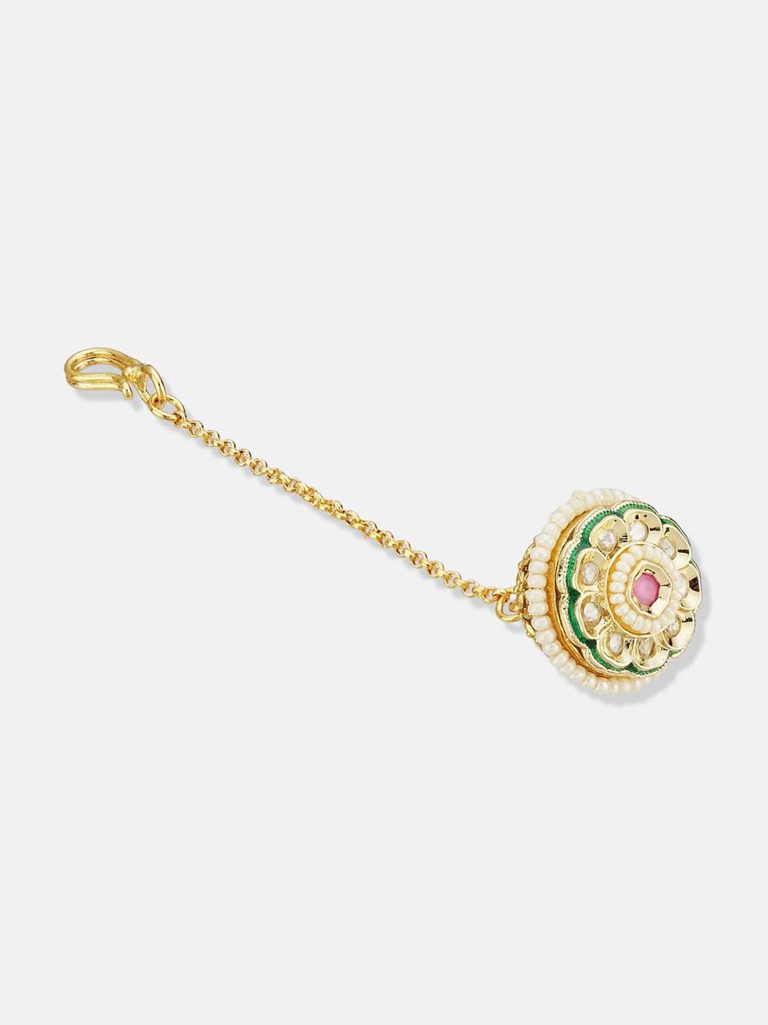 ATIBELLE Set of 2 Gold-Plated Stone Studded and Rajasthani Borla Beaded Maang Tikkas thumbnail 4