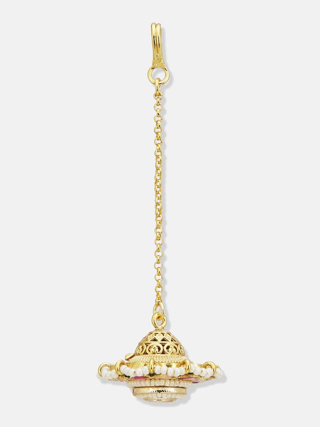 ATIBELLE Set of 2 Gold-Plated Stone Studded and Beaded Floral Maang Tikkas thumbnail 4