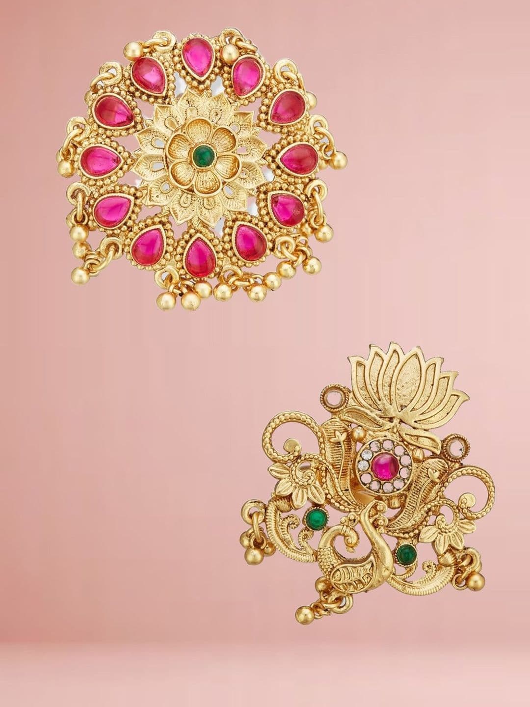 ATIBELLE Set Of 2 Gold-Plated Stone Studded & Beaded Peacock Shaped Finger Rings