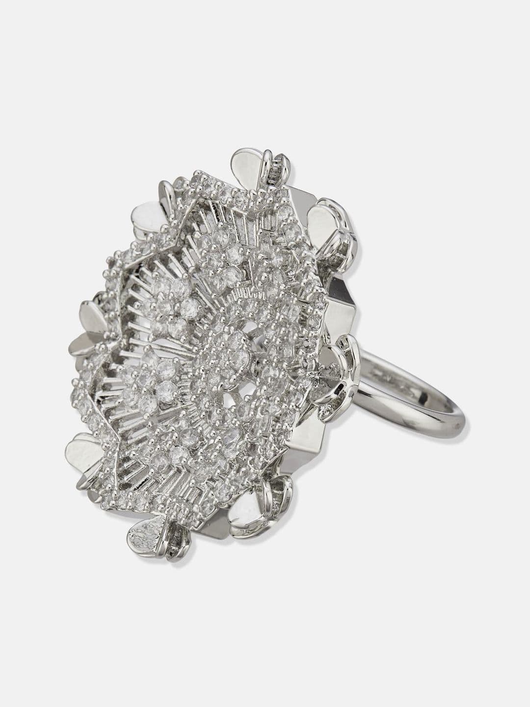 ATIBELLE Set Of 2 Silver-Plated Cubic Zirconia Studded Floral-Shaped Finger Rings thumbnail 5