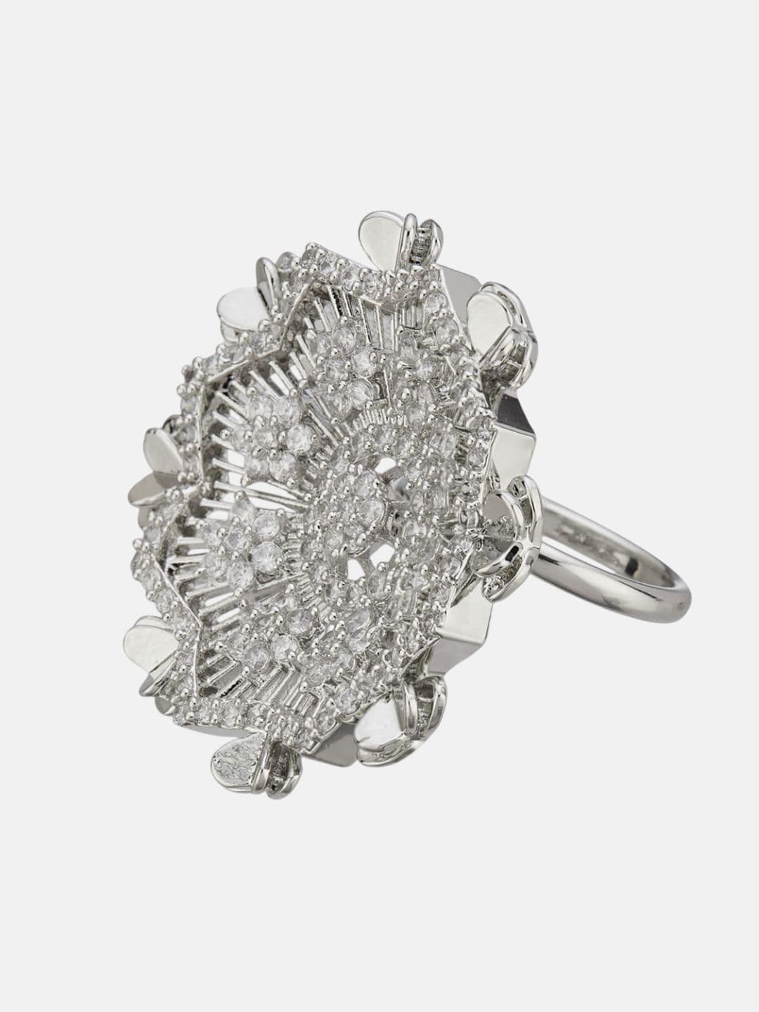 ATIBELLE Set Of 2 Silver-Plated Cubic Zirconia Studded Floral Finger Ring thumbnail 4