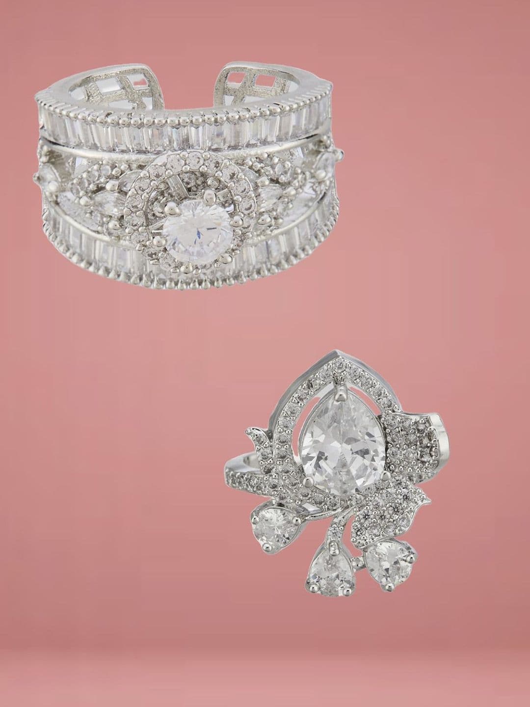 ATIBELLE Set Of 2 Silver Plated CZ Studded Finger Ring
