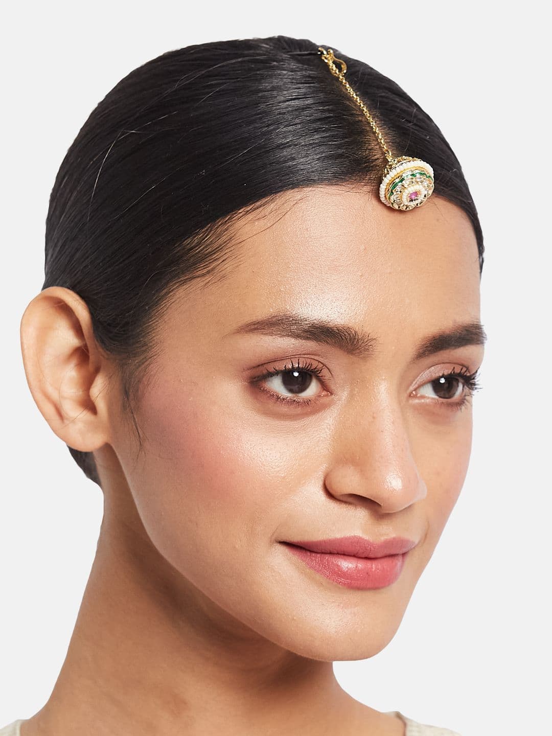 ATIBELLE Set of 2 Gold-Plated Stone Studded and Rajasthani Borla Beaded Maang Tikkas thumbnail 6