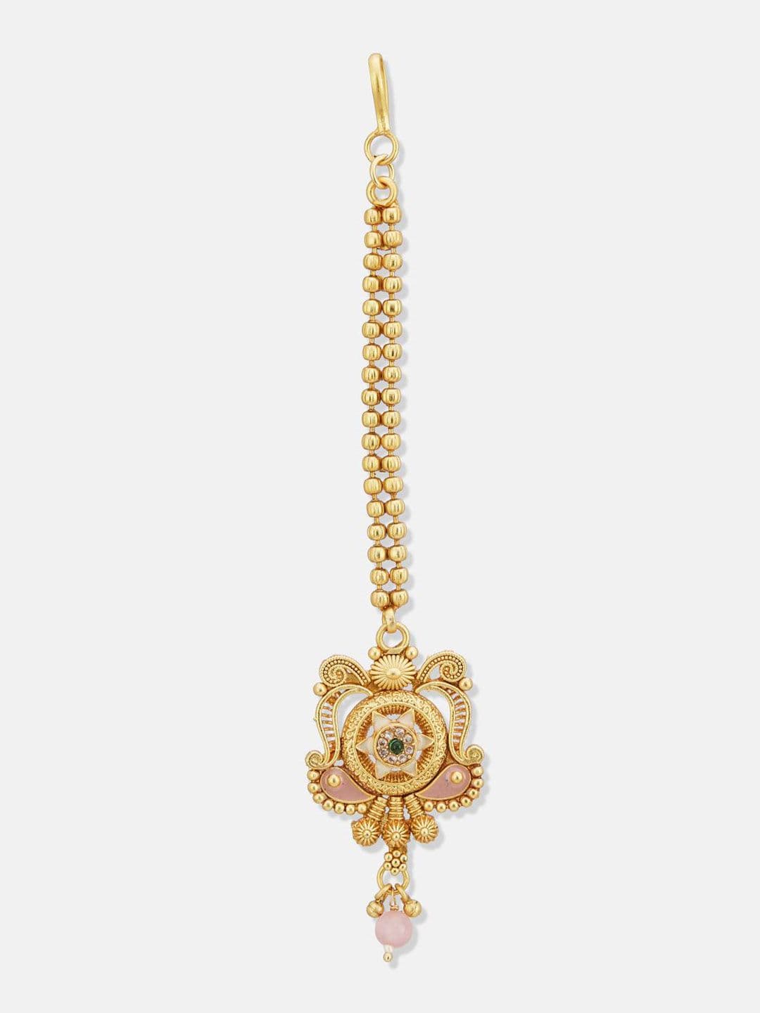 ATIBELLE Set of 2 Gold-Plated Stone Studded and Beaded Floral Maang Tikkas thumbnail 5
