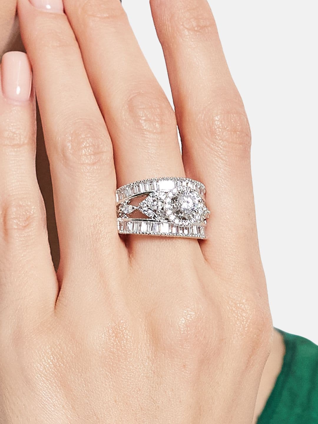 ATIBELLE Set Of 2 Silver Plated CZ Studded Finger Ring thumbnail 6