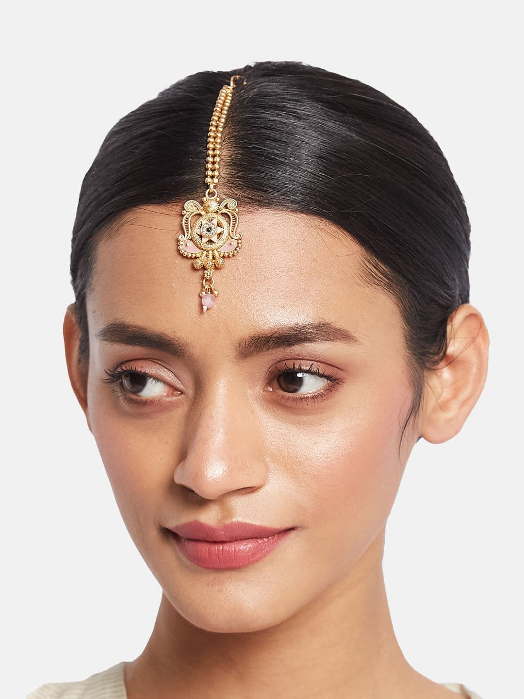 ATIBELLE Set of 2 Gold-Plated Stone Studded and Rajasthani Borla Beaded Maang Tikkas thumbnail 6