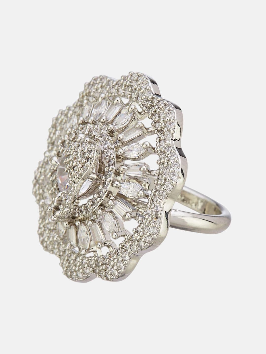 ATIBELLE Set Of 2 Silver-Plated Cubic Zirconia Studded Floral-Shaped Finger Rings thumbnail 5