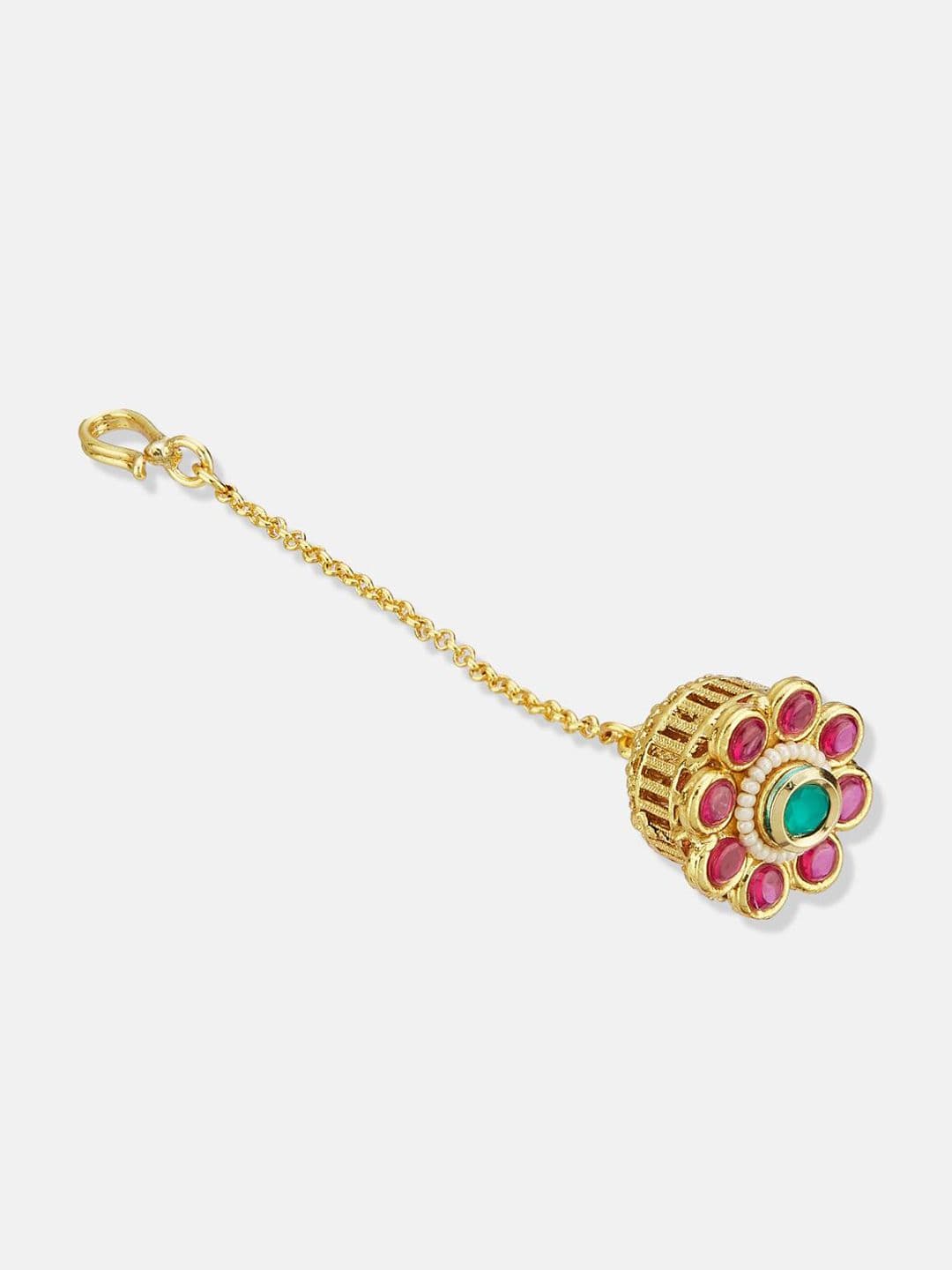 ATIBELLE Set of 2 Gold-Plated Stone Studded and Rajasthani Borla Beaded Maang Tikkas thumbnail 4