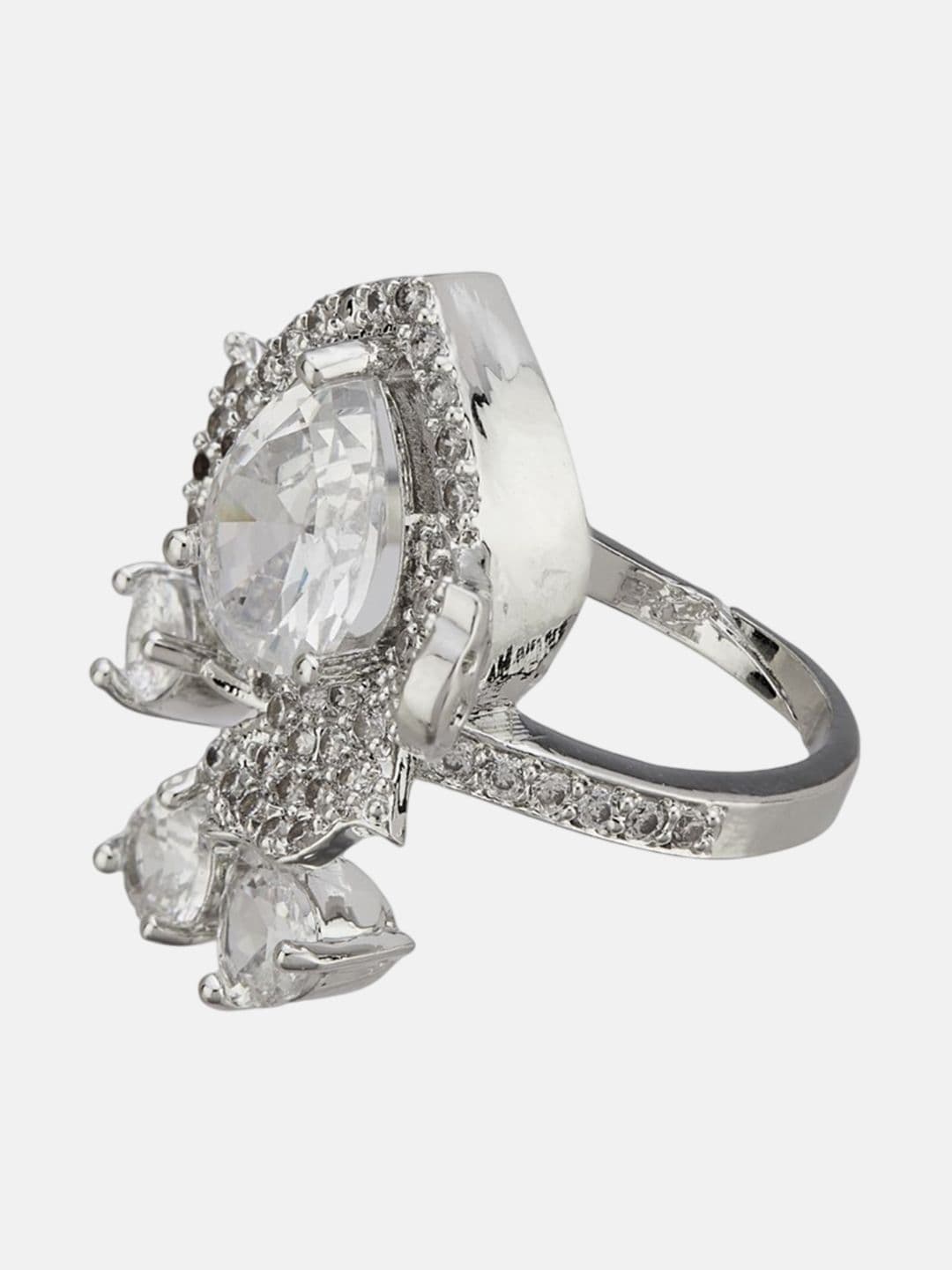 ATIBELLE Set Of 2 Silver-Plated Cubic Zirconia Studded Floral Finger Ring thumbnail 5