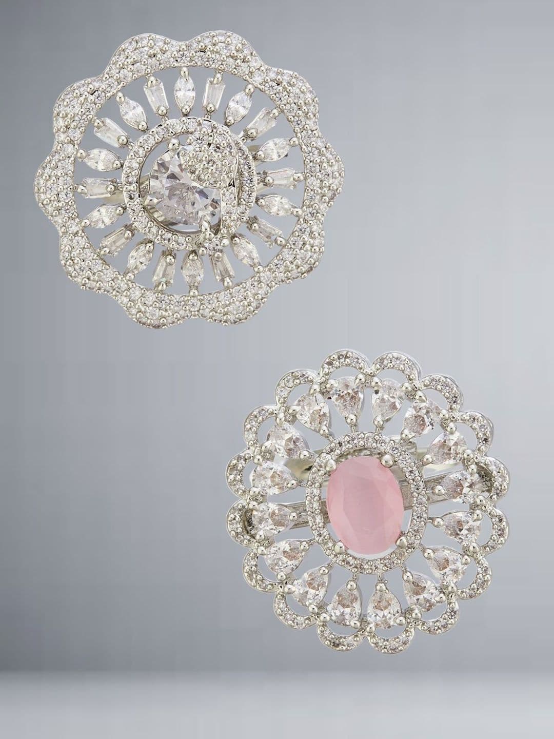 ATIBELLE Set Of 2 Silver-Plated Cubic Zirconia Studded Floral-Shaped Finger Rings