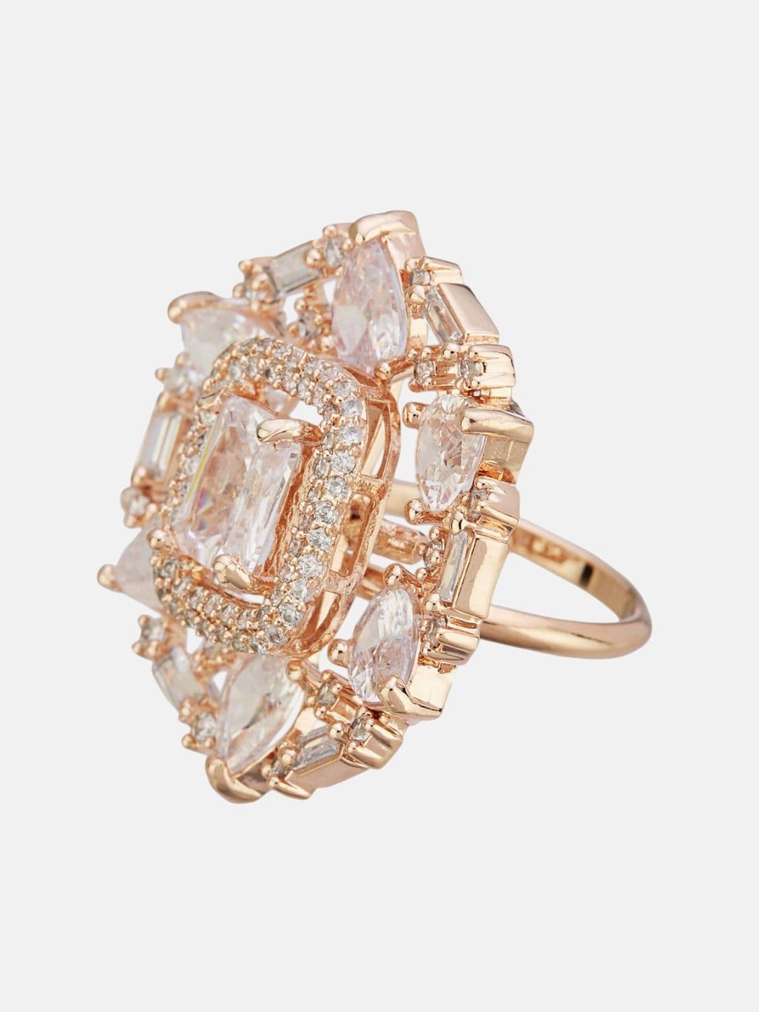ATIBELLE Set Of 2 Rose Gold-Plated Cubic Zirconia Studded Fusion Finger Ring thumbnail 2
