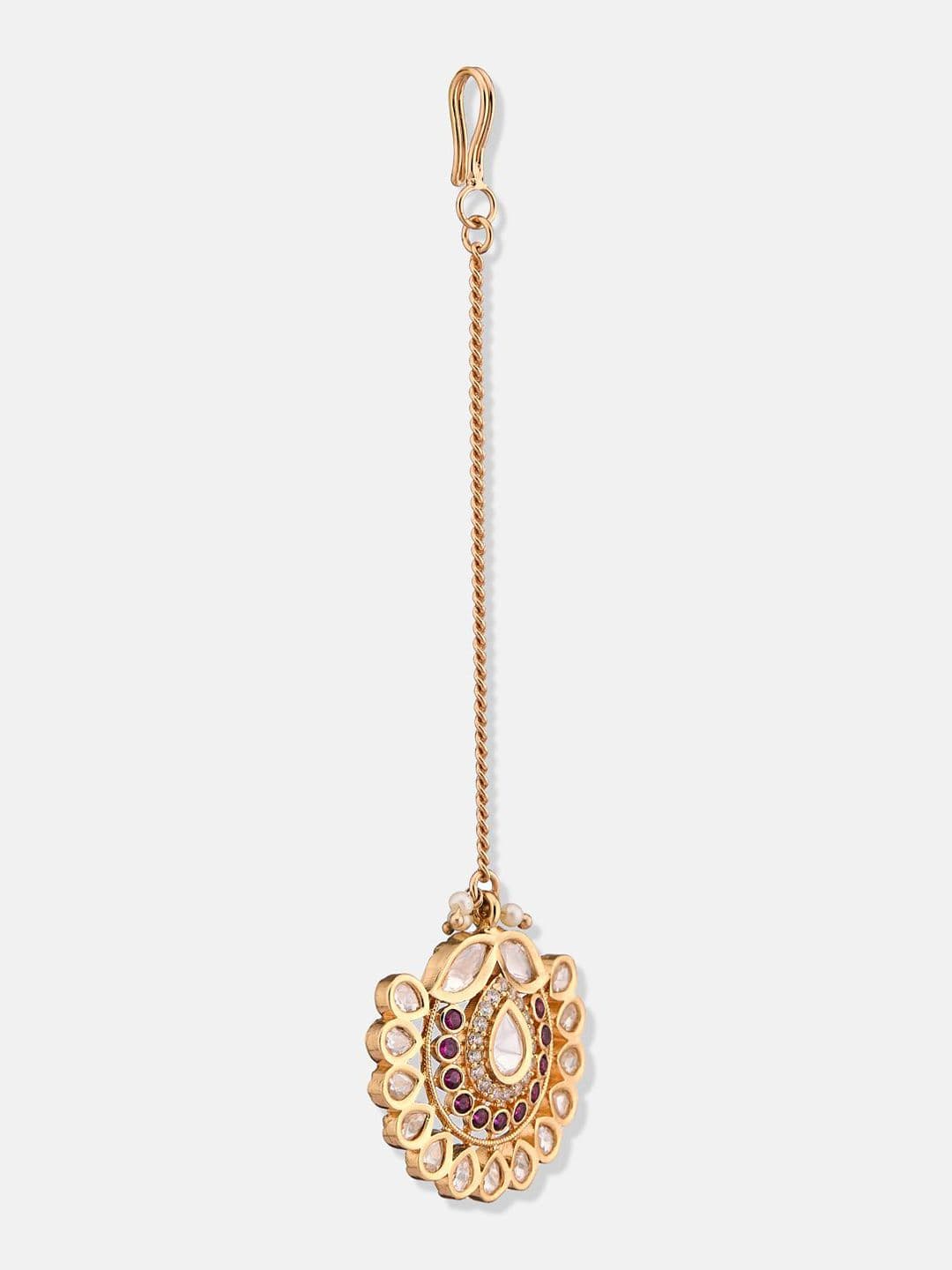 ATIBELLE Set of 2 Gold-Plated Stone Studded and Rajasthani Borla Beaded Maang Tikkas thumbnail 3