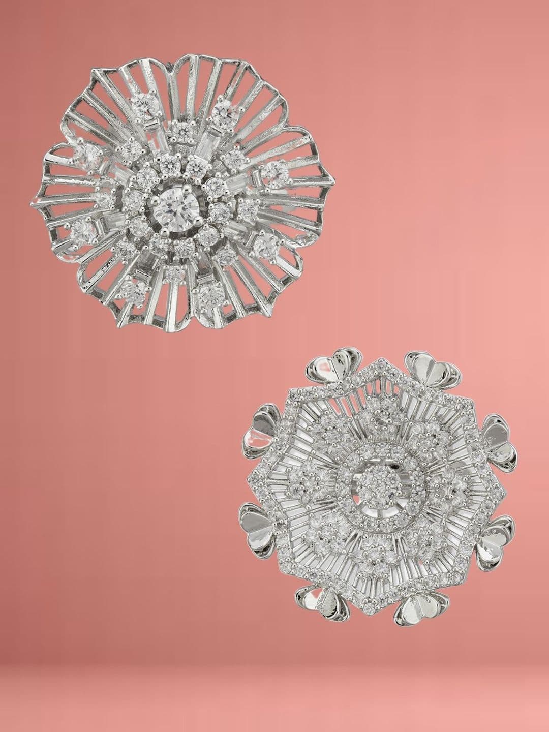 ATIBELLE Set Of 2 Silver-Plated Cubic Zirconia Studded Floral-Shaped Finger Rings