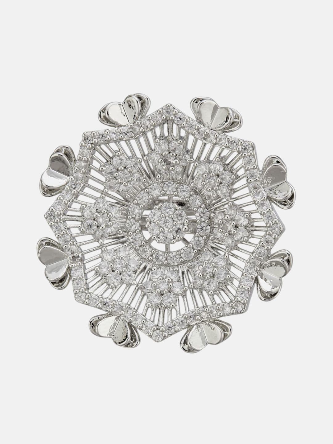 ATIBELLE Set Of 2 Silver-Plated Cubic Zirconia Studded Floral Finger Ring thumbnail 2