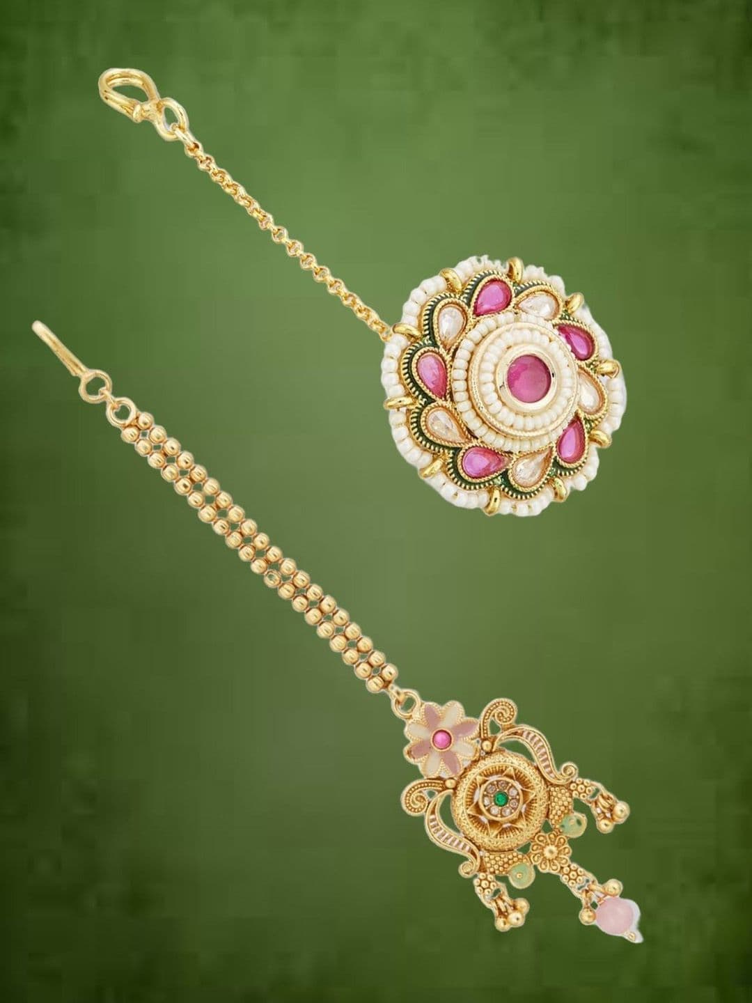 ATIBELLE Set of 2 Gold-Plated Stone Studded and Rajasthani Borla Beaded Maang Tikkas