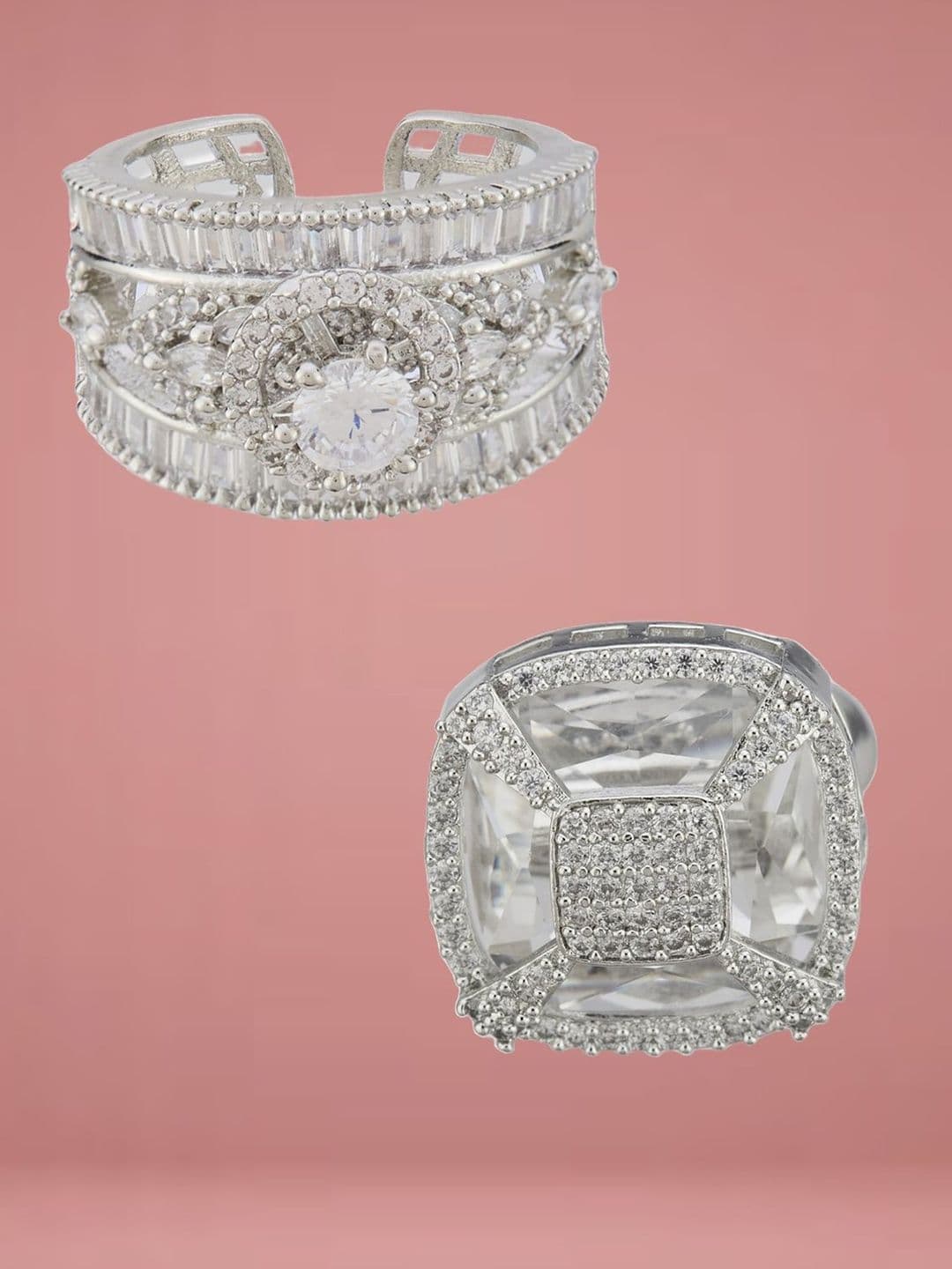 ATIBELLE Set Of 2 Silver Plated CZ Studded Finger Ring