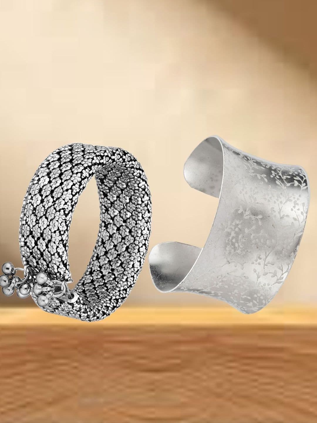 ATIBELLE Women 2 Brass Silver-Plated Cuff Bracelet