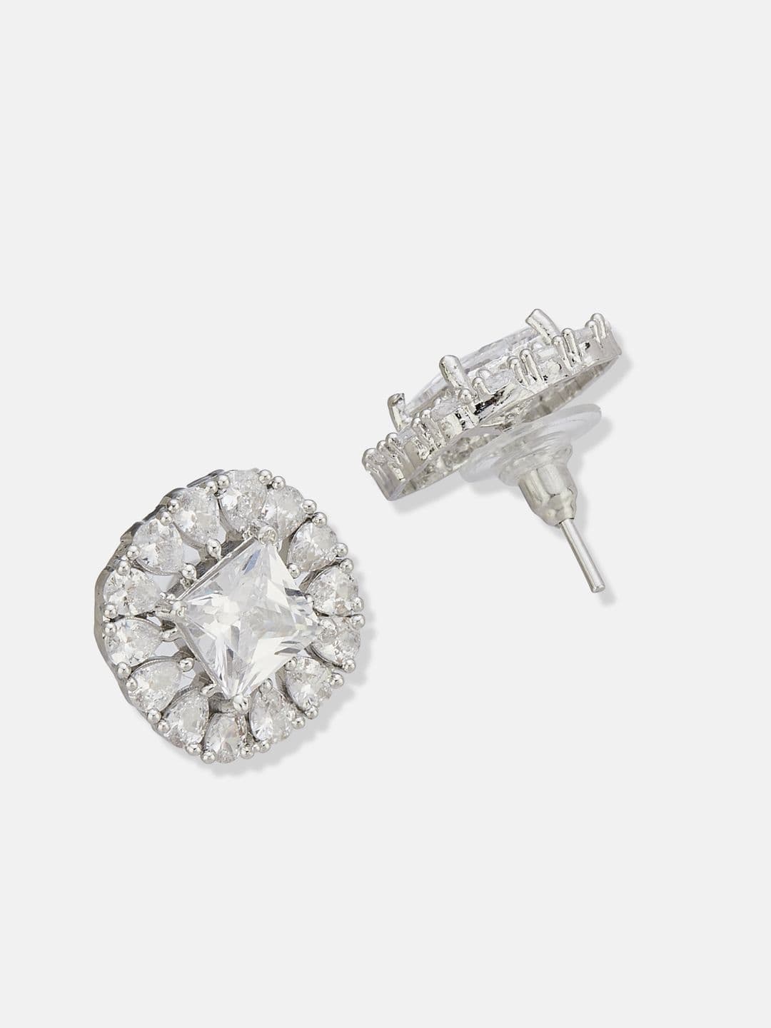 ATIBELLE Set Of 2 Silver-Plated Cubic Zirconia Studded Geometric Shaped Studs thumbnail 4