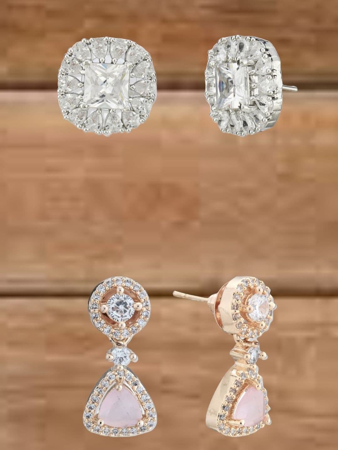 ATIBELLE Set Of 2 Silver-Plated Cubic Zirconia Studded Geometric Shaped Studs
