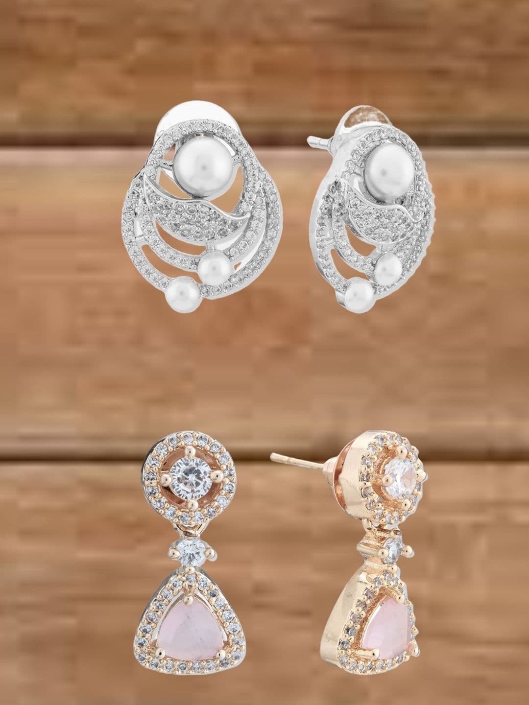 ATIBELLE Set Of 2 Silver-Plated Cubic Zirconia Studded Contemporary Studs thumbnail 3