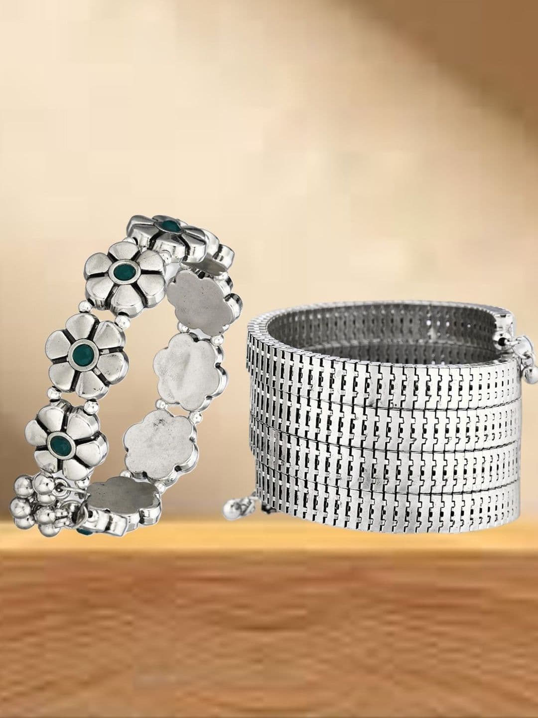 ATIBELLE Women 2 Brass Silver-Plated Wraparound Bracelet