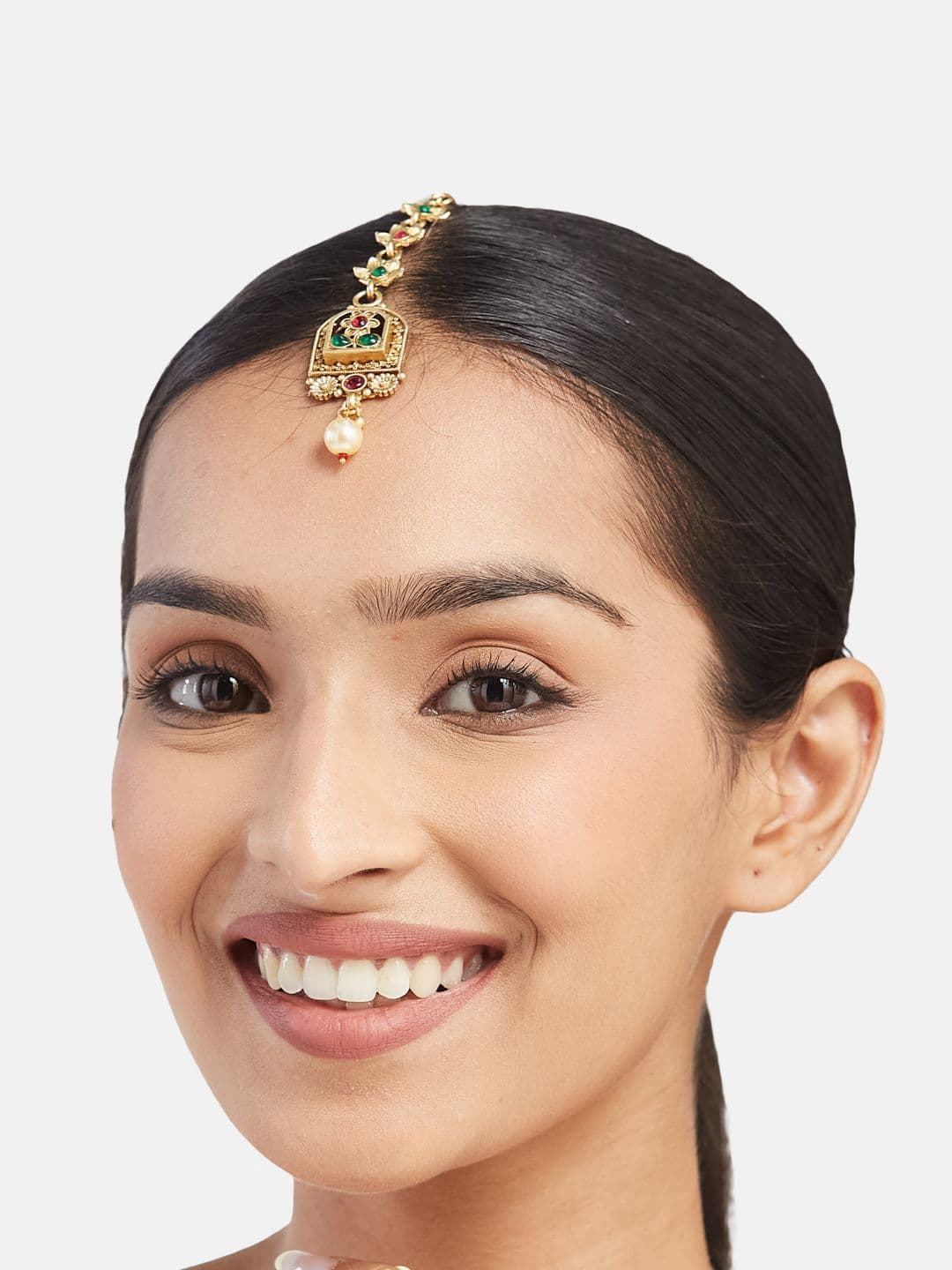 ATIBELLE Gold-Plated Artificial Stones and Beads Studded Maang Tikka Head Jewellery thumbnail 6
