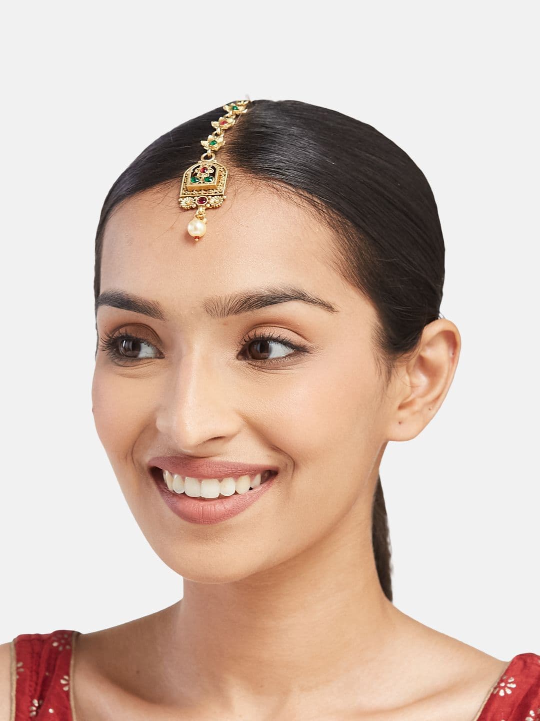 ATIBELLE Gold-Plated Artificial Stones and Beads Studded Maang Tikka Head Jewellery thumbnail 7