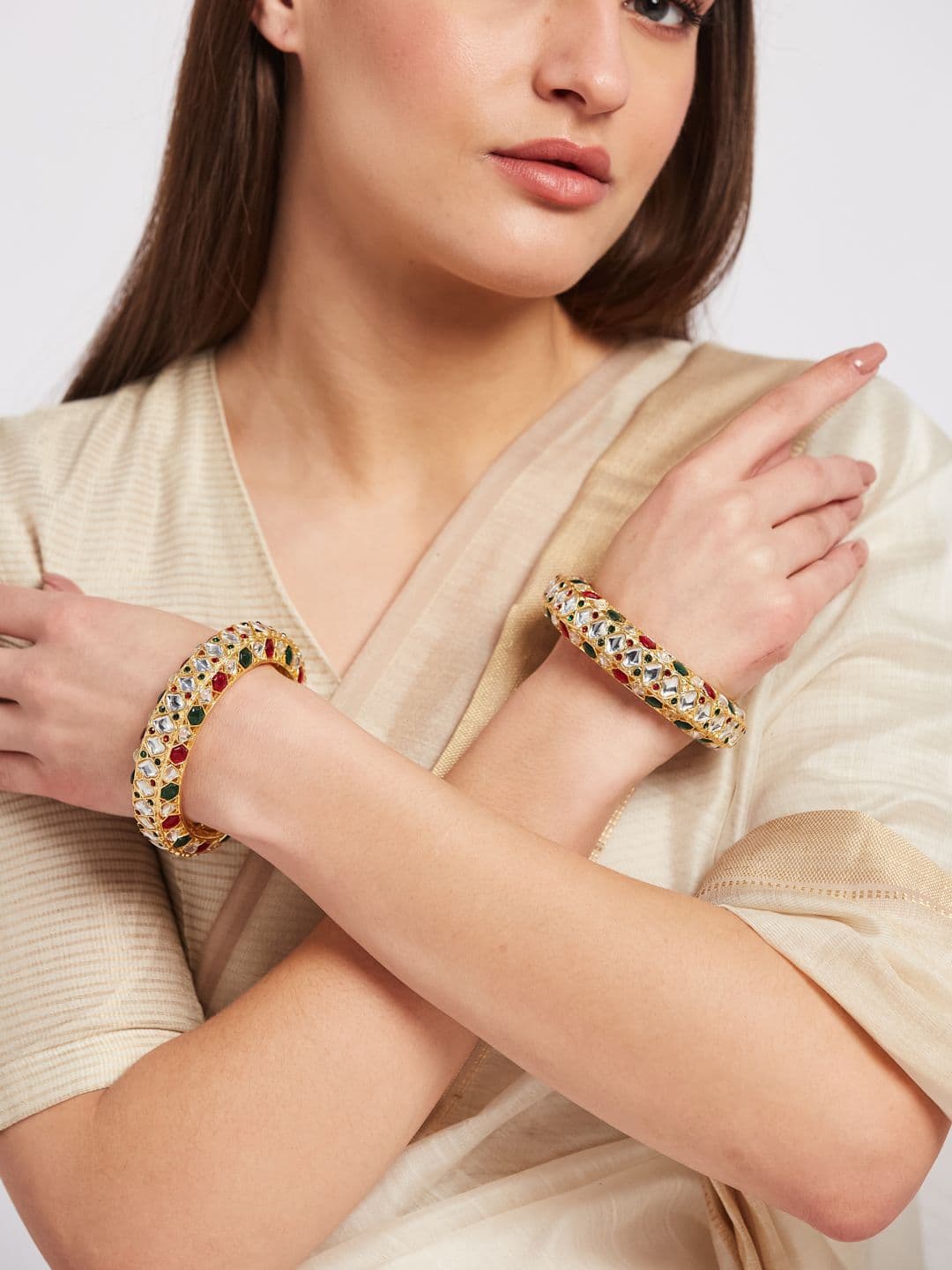 Atibelle Set Of 4 Gold Plated Kundan Studded Bangles thumbnail 6