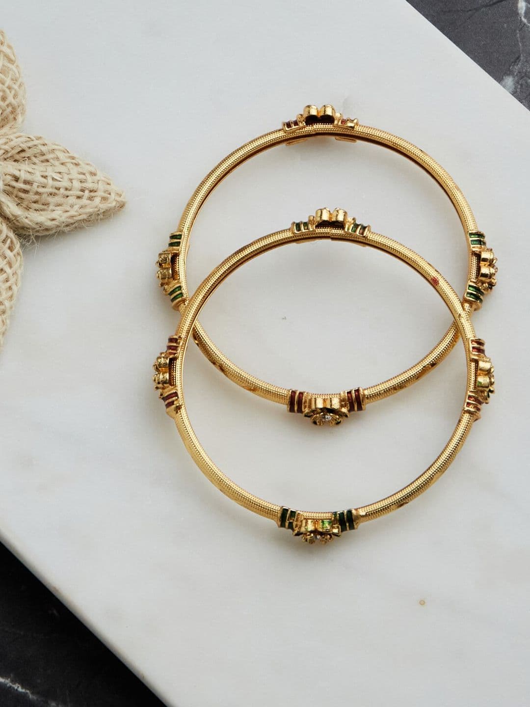ATIBELLE Women Set of 2 Gold-Plated Floral Textured Bangles - Image 1