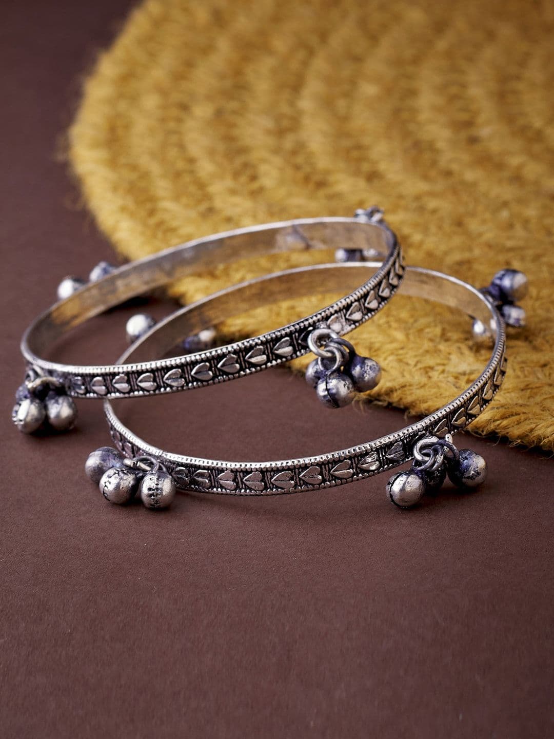 ATIBELLE Set Of 2 Oxidised Silver-Plated Ghungroo Beaded Bangles - Image 1