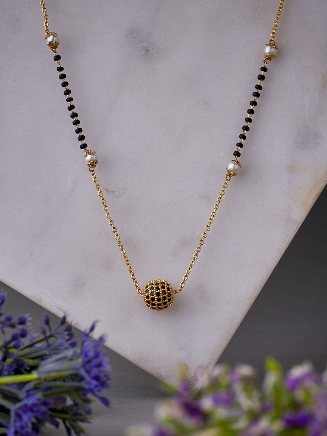 ATIBELLE Gold-Plated Black & White Beaded Mangalsutra