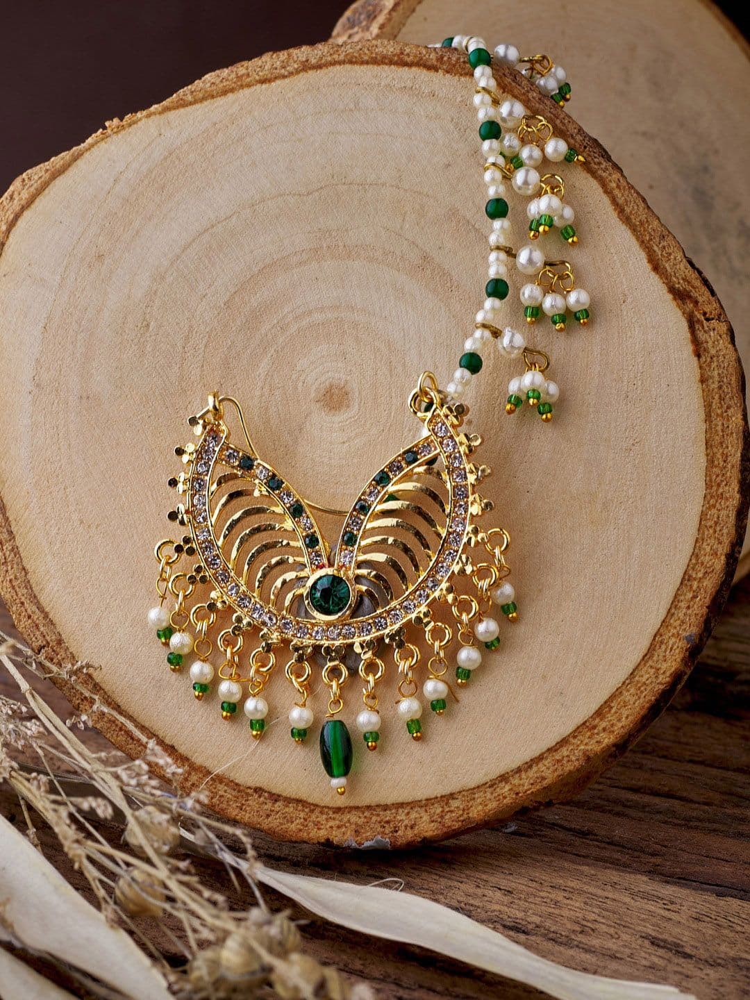 ATIBELLE Gold-Plated Green Stone Studded Bridal Nose Ring - Image 1