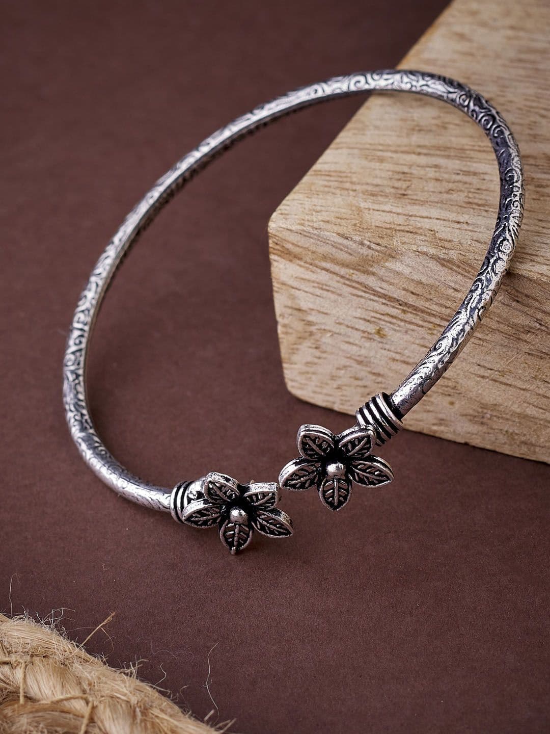 ATIBELLE Women Oxidised Silver-Plated Floral Kada Bangle - Image 1
