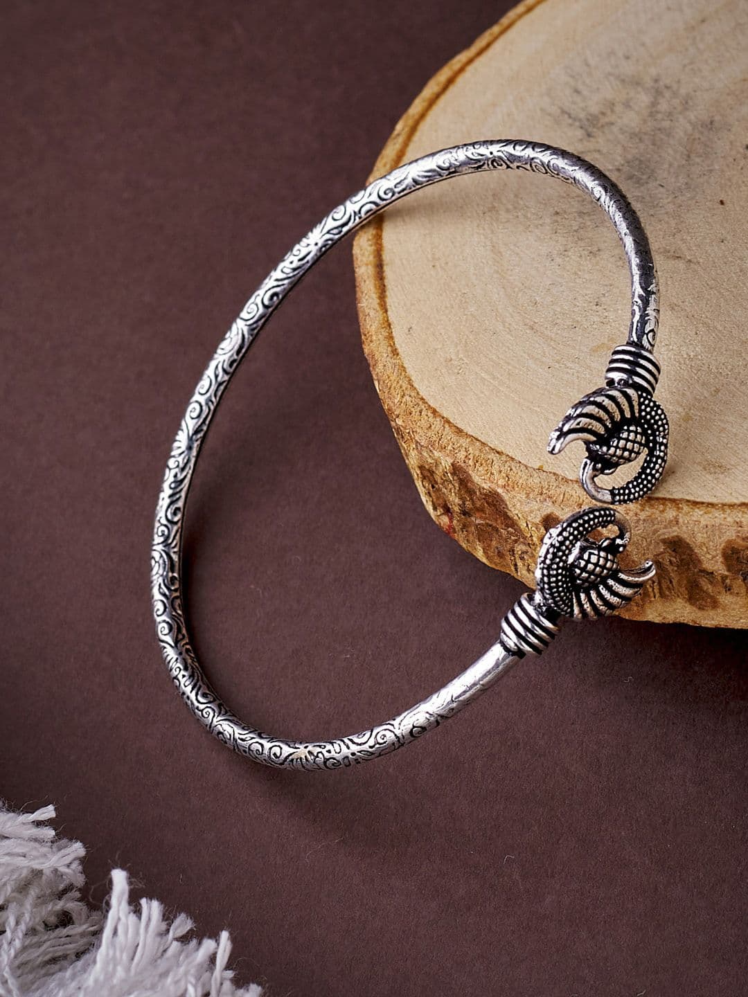 ATIBELLE Silver Plated Oxidised Handcrafted Textured Bangle - Image 1