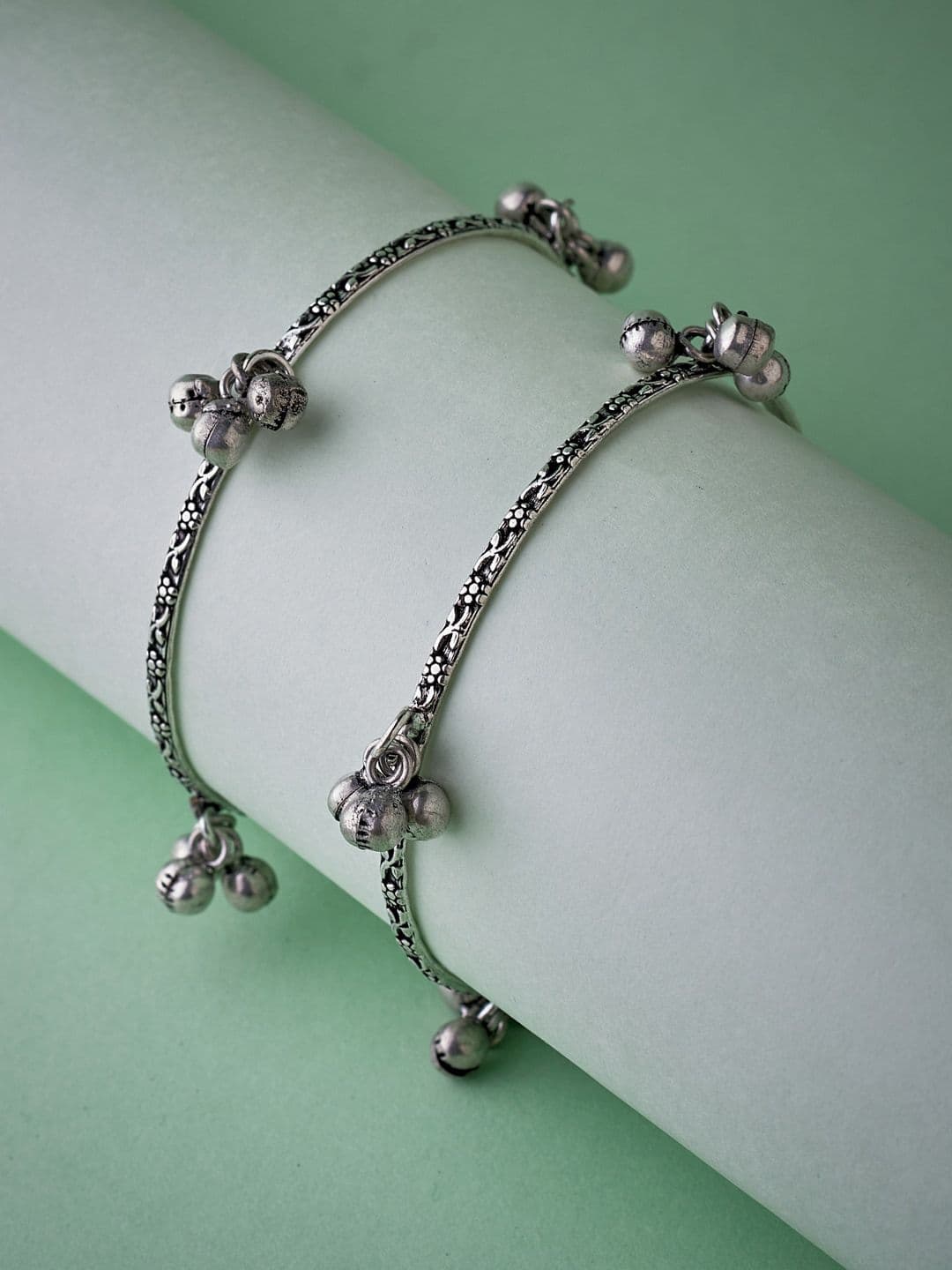 ATIBELLE Set Of 2 Oxidised Silver-Plated Textured Bangles With Ghungroo - Image 1