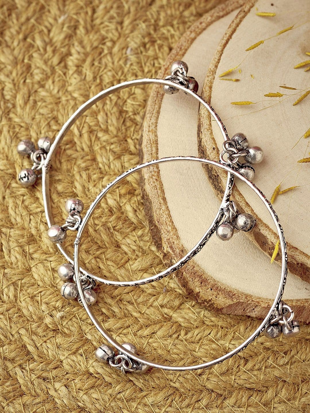 ATIBELLE Set Of 2 Oxidised Silver-Plated & Textured Ghungroo Bangles - Image 1
