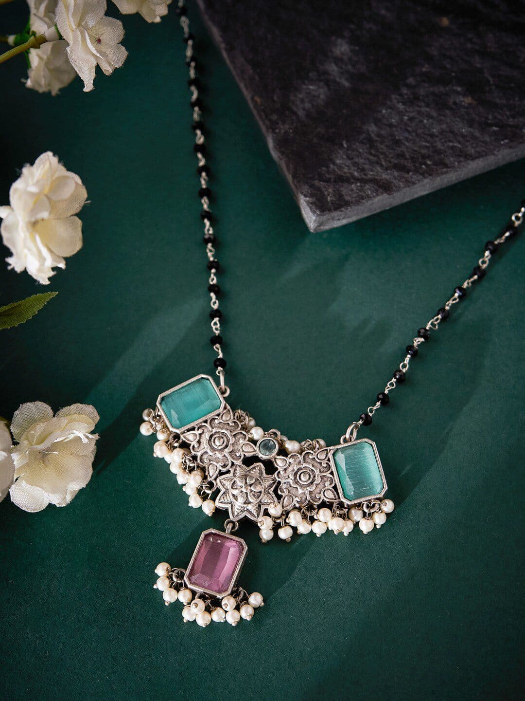 ATIBELLE Silver-Toned & Blue German Silver Silver-Plated Handcrafted Necklace - Image 1