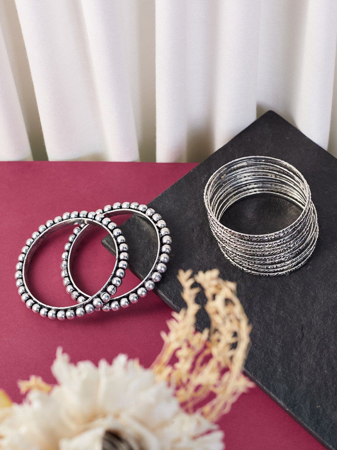ATIBELLE Set Of 14 Silver-Plated & Toned Oxidised Bangles - Image 1