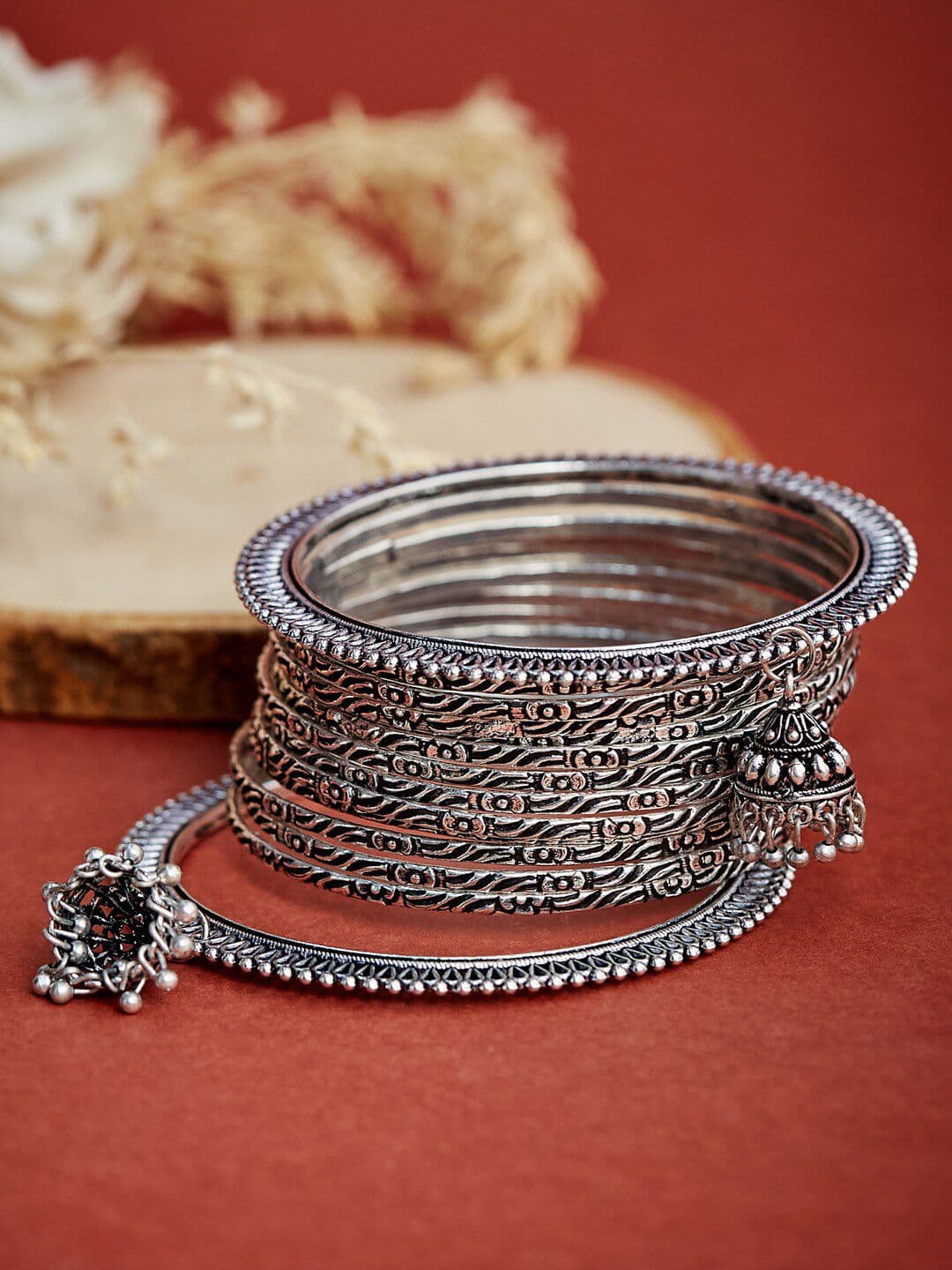 ATIBELLE Set Of 14 Oxidized Silver-Plated Textured Bangles - Image 1