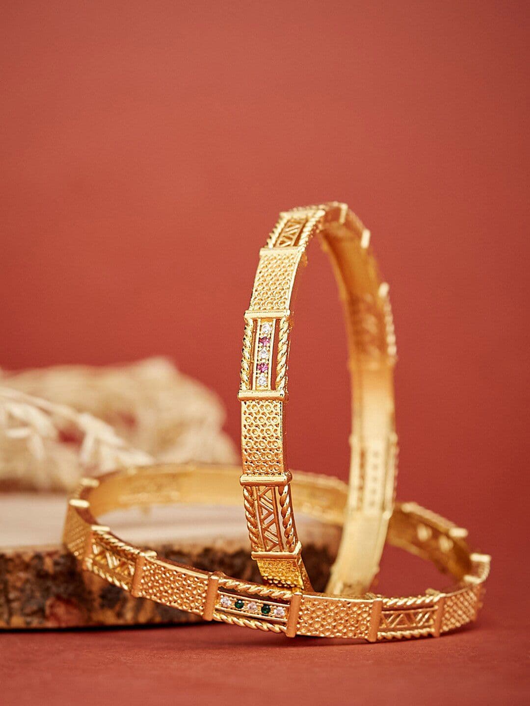 ATIBELLE Set Of 2 Gold-Plated White & Pink Stone Studded Handcrafted Bangles - Image 1