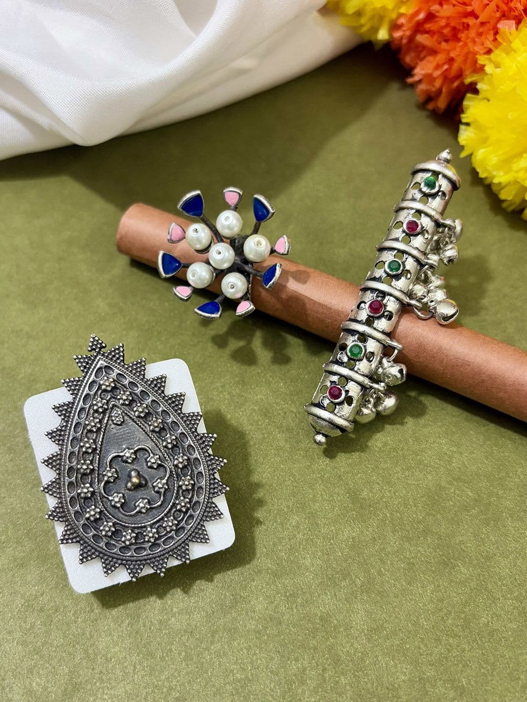 ATIBELLE Silver-Plated Stone-Studded Adjustable Finger Ring - Image 1