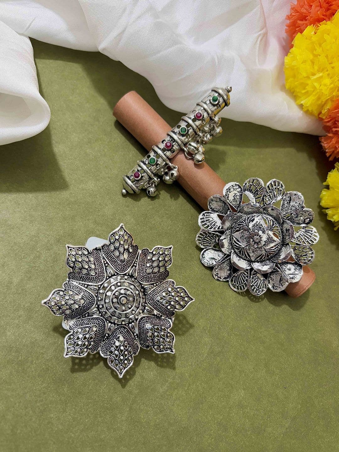 ATIBELLE Set of 3 German Silver Plated Stone studded Rings - Image 1