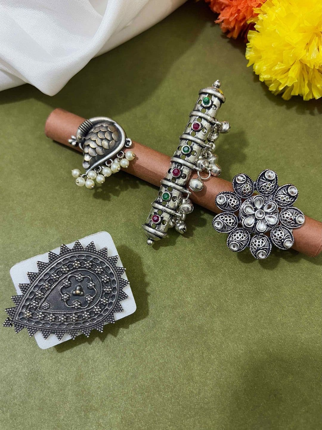 ATIBELLE Set Of 4 Silver-Plated Stone-Studded Adjustable Finger Ring - Image 1