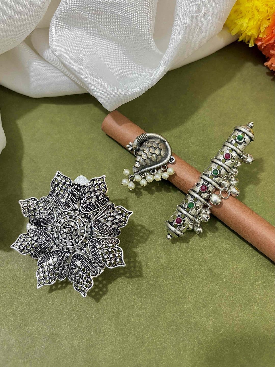 ATIBELLE Set Of 3 Silver-Plated Stone-Studded Adjustable Finger Ring - Image 1