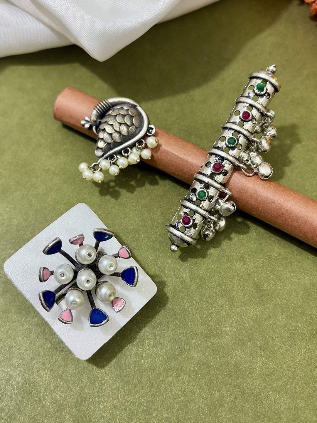 ATIBELLE Set Of 3 German Silver Plated Stone studded Rings - Image 1
