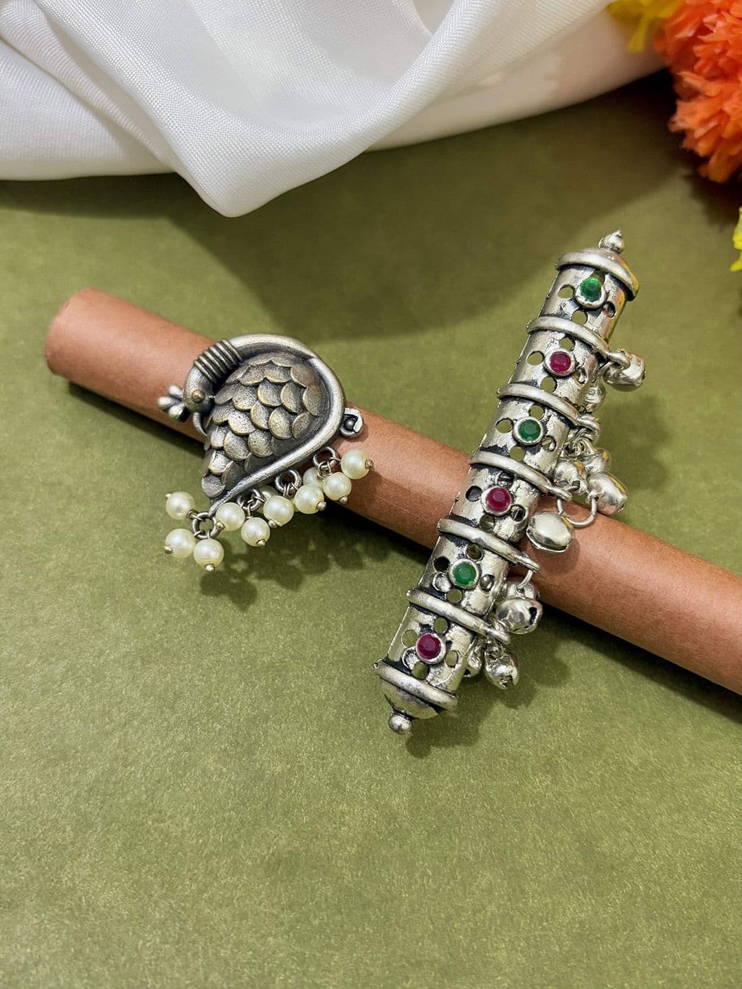 ATIBELLE Set Of 2 Silver-Plated Stone-Studded & Beaded Finger Rings - Image 1