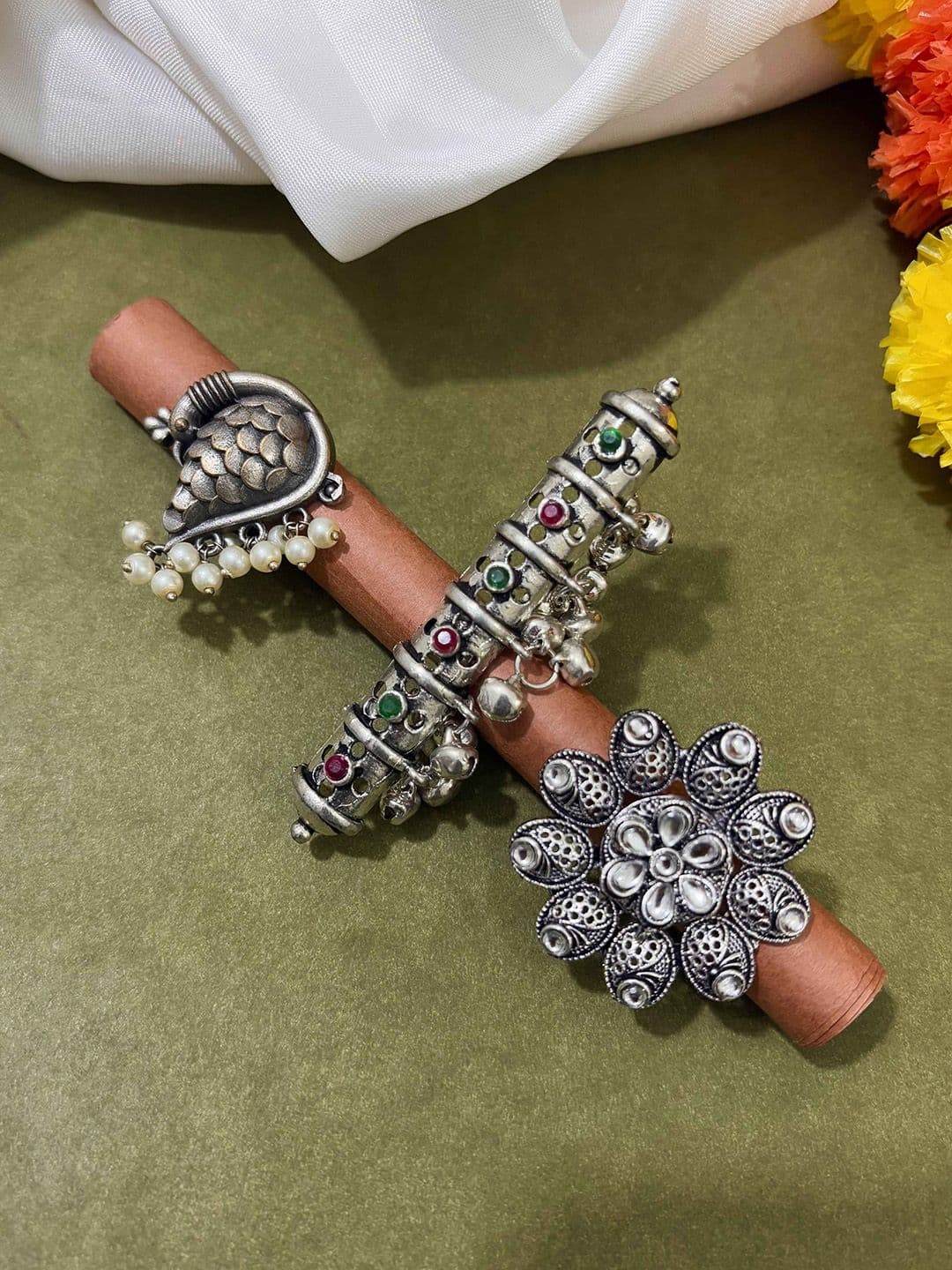 ATIBELLE Set Of 3 Silver-Plated Stone-Studded Adjustable Finger Ring - Image 1