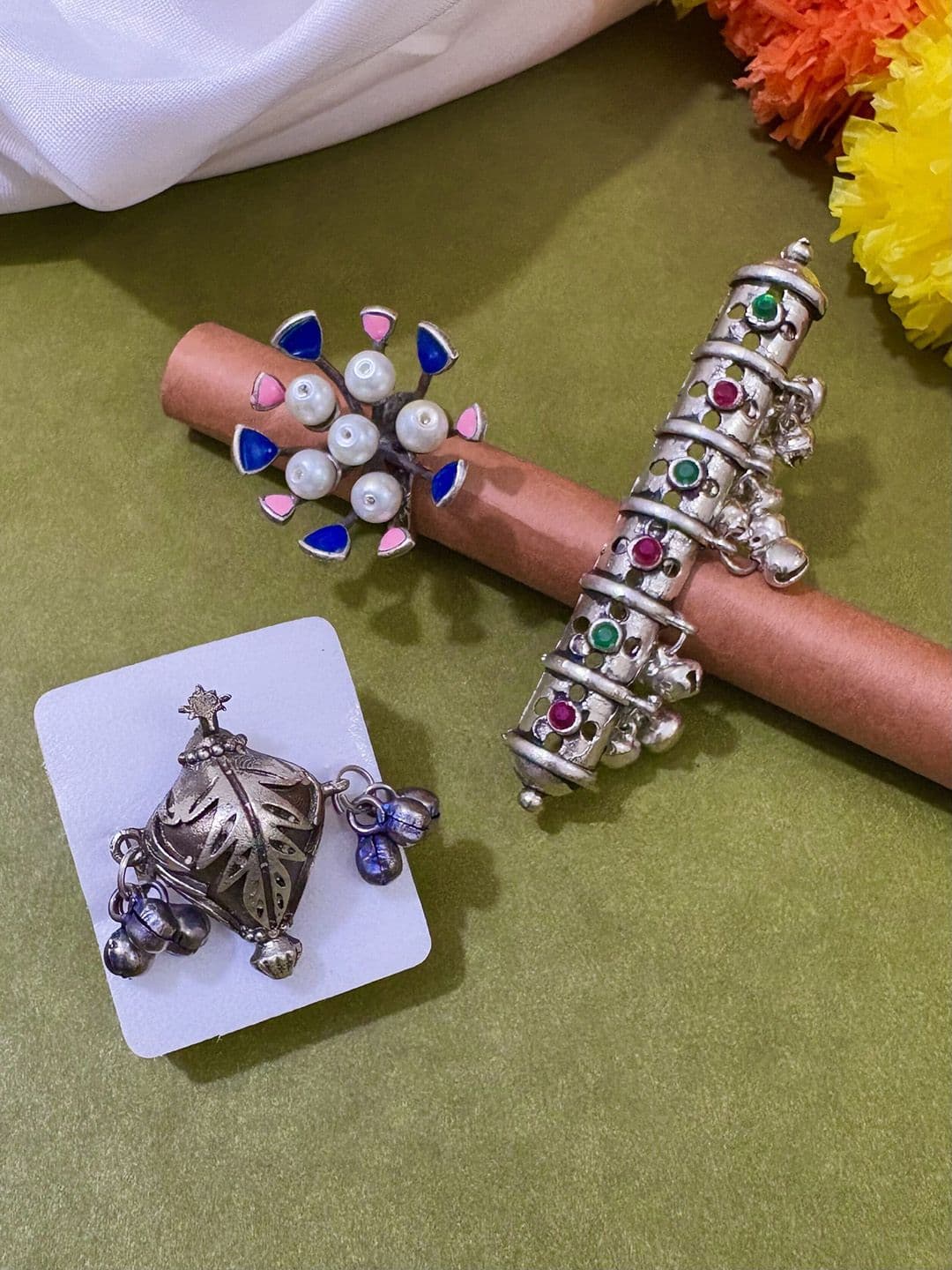 ATIBELLE Set Of 3 Silver-Plated Stone Studded Finger Rings - Image 1
