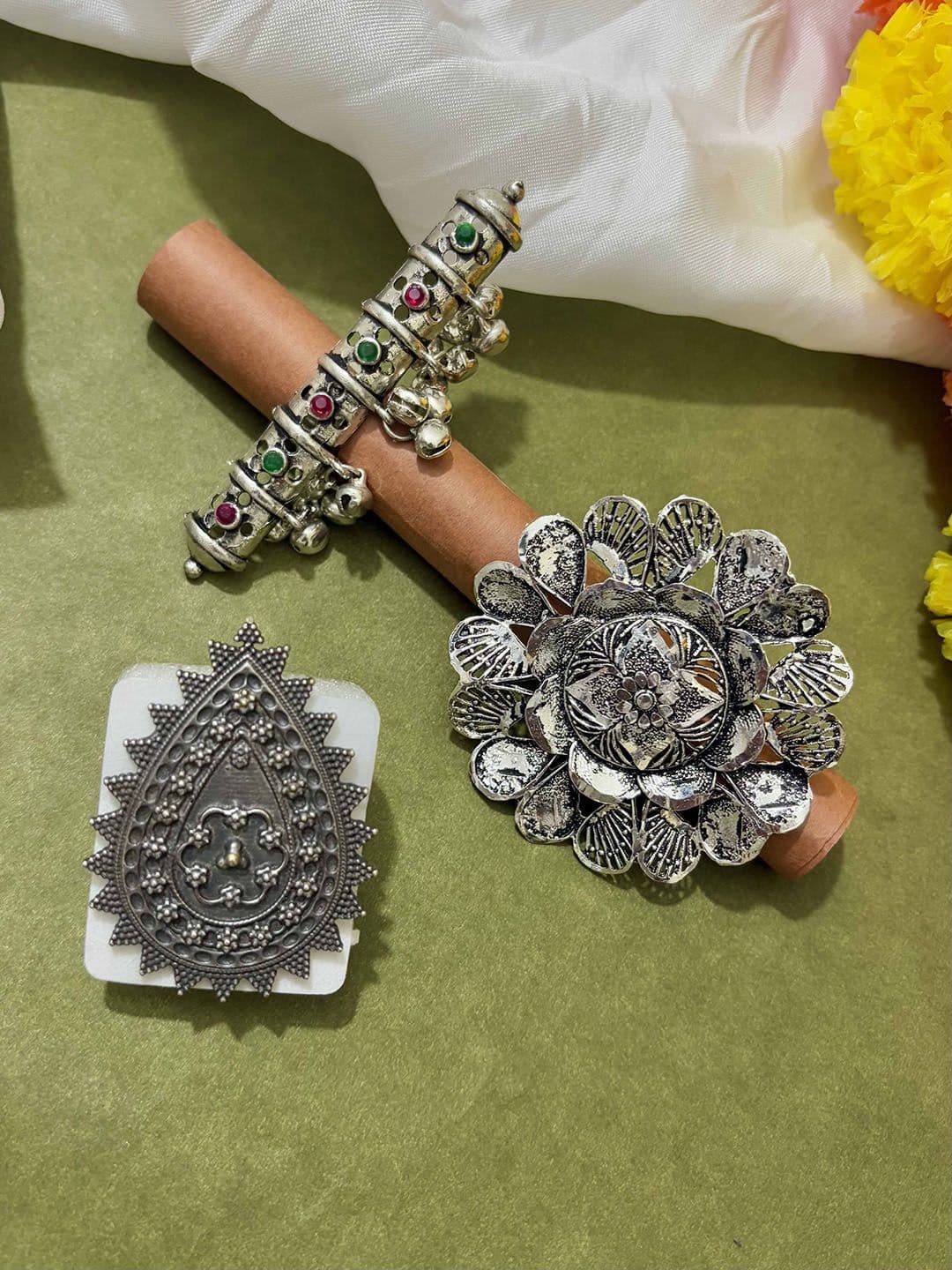 ATIBELLE Set Of 3 Silver-Plated Stone studded Finger Rings - Image 1